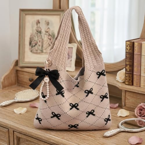 Image of JeVenis Crochet Tote Coquette Bow Aesthetic Beach Mesh Knitted Shoulder Bag