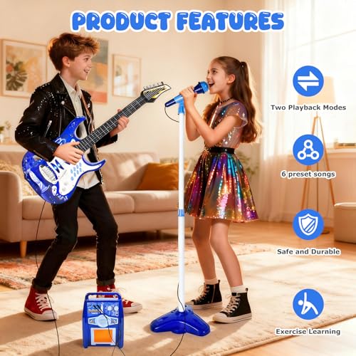 iMeshbean Guitar and Microphone Play Set for Kids,Adjustable Height Microphone with Stand,Electric Guitar Microphone Amplifier Set Karaoke Musical Instruments for Kids Girls Boys (Bule)