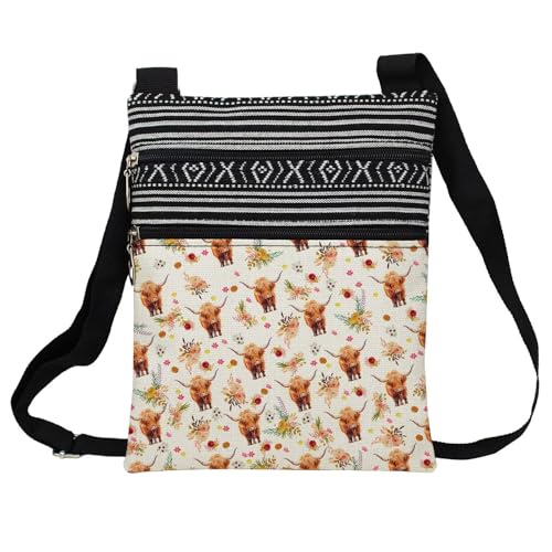 Highland Cattle Messenger Bag Small Ethnic Pattern Printed Adjustable Strap Crossbody Zipper Bag Highland Cattle Phone Bag Wallet Cute Shoulder Handbag for Women