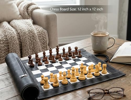 StonKraft 19 'x 15' (échiquier de Taille 12 'x 12') Véritable Jeu d'échecs en Cuir avec roulettes - avec pièces d'échecs en Bois - Couleur Noire | Livré avec Une Pochette de Transport innovante
