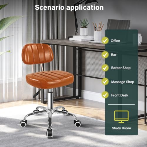Image of BFTOU Square Swivel Stool with Wheel for Work SPA Shop Massage Height-Adjustable Rolling Stool Chair with Back (Orange-Brown)