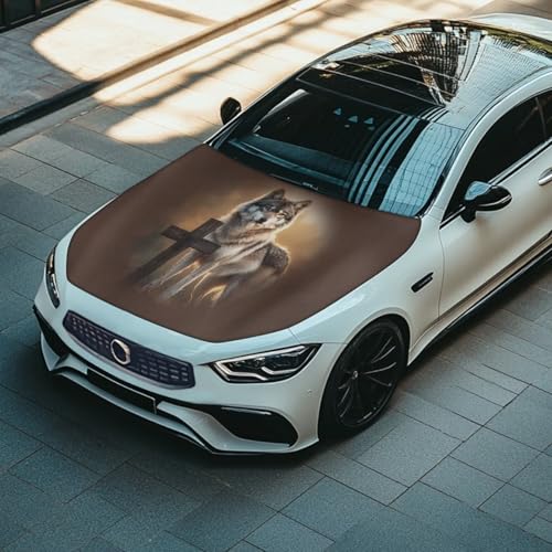Image of Car Hood Cover Protector 59x39 inches Wolf Cross Stretchable Car Hood Flag Removable Automotive Accessories Fabric Hood Cover All-Season Protection for Cars Decor