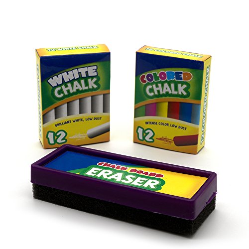Emraw Eraser 12 White Chalk Dustless Chalk Non-Toxic 12 Color Chalkboard School Office And Sidewalk Outdoor Chalk Block Bundle For Art And Home Board Chalk With Eraser Pack Of 25 #TOP3