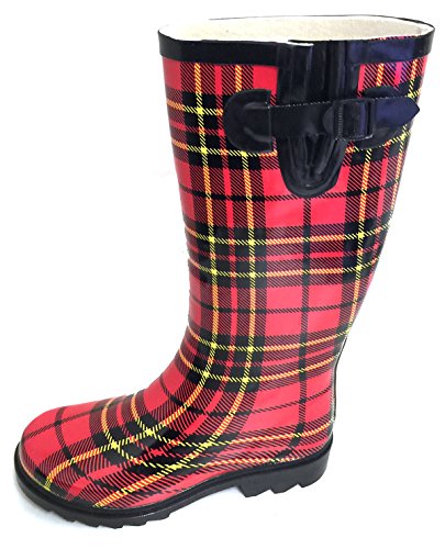 G4U Women's Rain Boots Multiple Styles Color Mid Calf Wellies Buckle Fashion Rubber Knee High Snow Shoes (10 B(M) Us, Red/Black Plaid) #TOP1