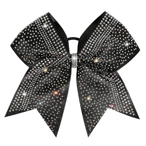 Glitter Cheer Bows 8 Large Full Rhinestones Shiny Cheer Bow Elastic Hair Tie Hair Elastic Band Ponytail Holder for Softball Competition Sports Cheerleaders (Black)