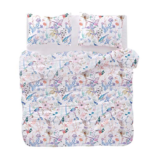 Image of Wake In Cloud - Bird Comforter Set, Colorful Floral Flowers Leaves Botanical Plant Pattern Printed, Soft Lightweight Bedding, 3 Pieces, Lilac Blue, Queen Size