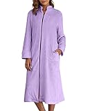 Ekouaer Women Zipper Robes Long Sleeve Zip Up House Coat Full Length Warm Flannel Bathrobe Sleepwear with Pockets, Lavender, XX-Large