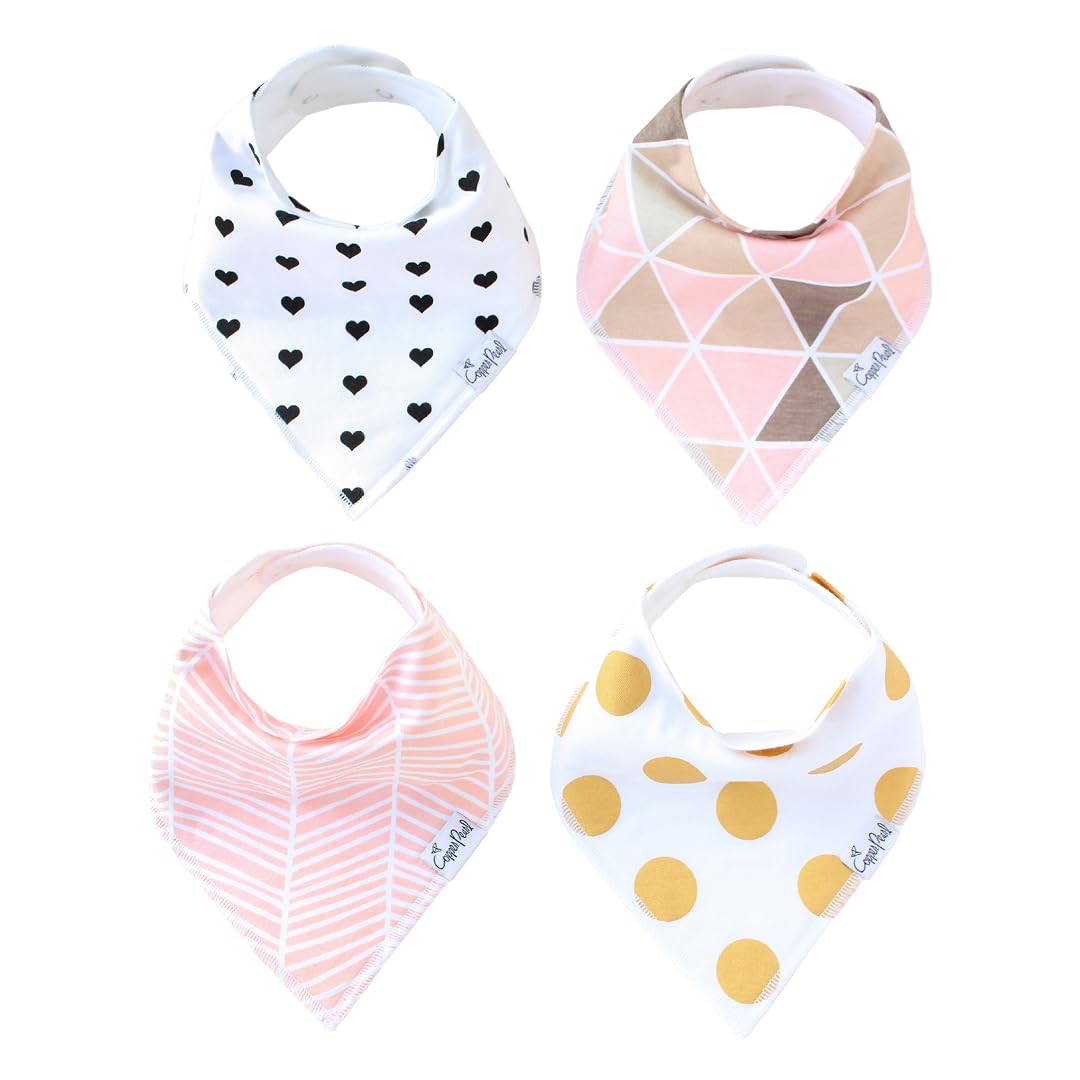 Copper Pearl 4 Pack Soft Cotton Baby Bibs for Drooling and Teething, Absorbent Drool Bibs for Baby Girl, Adjustable to Fit Newborns to Toddlers, Tons