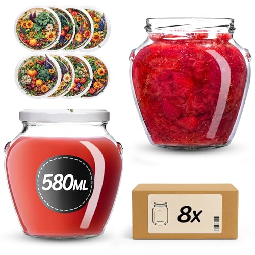KADAX Tarros de conservas de 580 ml con tapa de rosca fi82 mm, tarros de rosca con tapa, tarros de miel, tarros para conservas de miel, frutas y verduras, tarros de mermelada (huerto, 8 unidades)