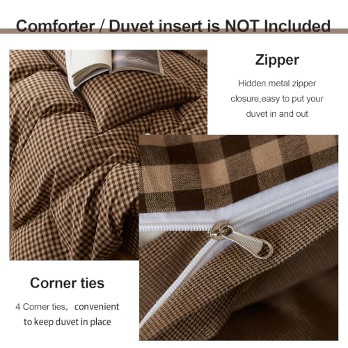Image of EAVD Vintage Brown Gingham Plaid Duvet Cover Set Queen 3-Piece Soft 100% Washed Cotton Bedding Set Retro Checkered Bedding Set with 2 Pillowcases Neutral Plaid Comforter Cover with Zipper