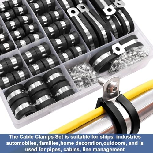 Taiss 136PCS 10 Sizes 304 Stainless Steel Rubber Lined P Clips Kit, 6/8/10/13/16/19/25/32/38/45mm Hose Pipe Clamps Kit,Metal Cable Clips with Two Kinds of Screws.for Cable,Cord, Wire, Hose, Tube