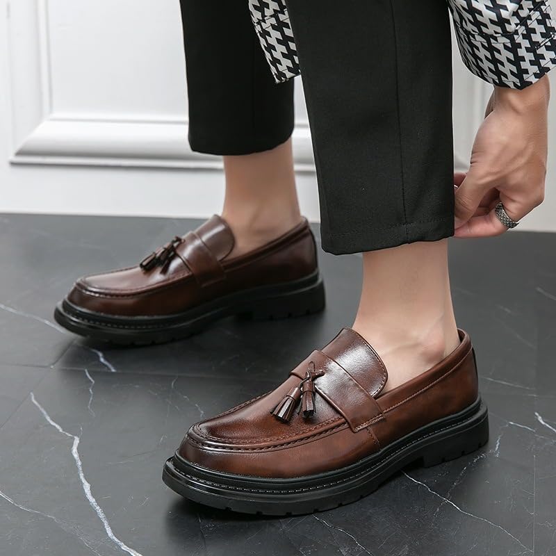 Men's Leather Tassel Platform Slip on Loafers Luxury Round Toe Lug Sole Non-Slip Dress Shoes Casual Low Block Heel Business Work Office Shoes - Image 2