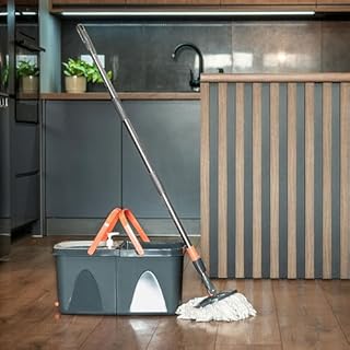 KADAX Mocio rotante con funzione di torsione, con secchio a doppia camera, mocio per la pulizia, con manico telescopico, mocio con secchio