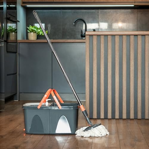 KADAX Fregona giratoria con función de escurridor y cubo de doble cámara, fregona de limpieza con mango telescópico - imagen 3