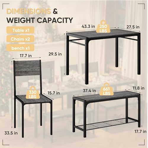 Shahoo Kitchen Table and 2 Chairs for 4 with Bench, 4 Piece Dining Sets for Small Space, Grey