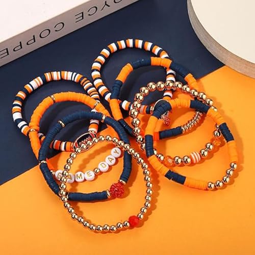 8 Pack Game Day Bracelets for Women, Football Bracelets Red Black Blue Heishi Clay Beaded Stretch Bracelets Stackable Charm Bracelet Bangles3