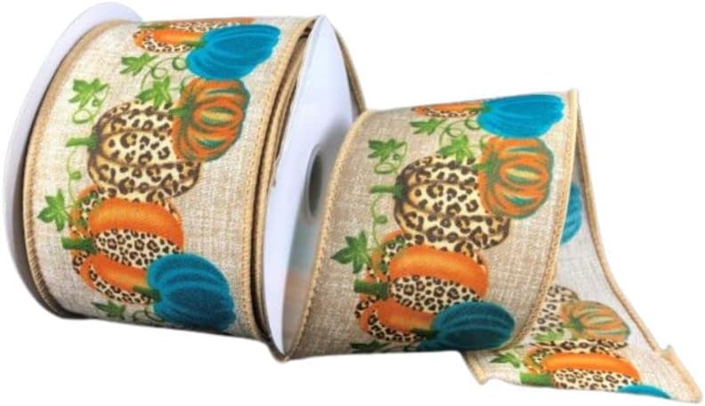 Jascotina, 2.5 Cheetah Pumpkin Natural Ribbon: Teal (10 Yards) - Floral Arrangement, Gift Wrapping, Holiday, Wreath, Bow, Fabric Craft Wired Edge Ribbon