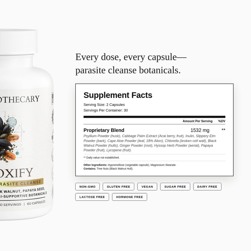 Detoxify Advanced Cleanse - Black Walnut Papaya Seed Herbal Formula - Gut Health Support with Chlorella Psyllium Aloe Fiber - Intestinal Wellness Blend - Vegan Non-GMO Gluten-Free - 60 Capsules — Amazon image 4