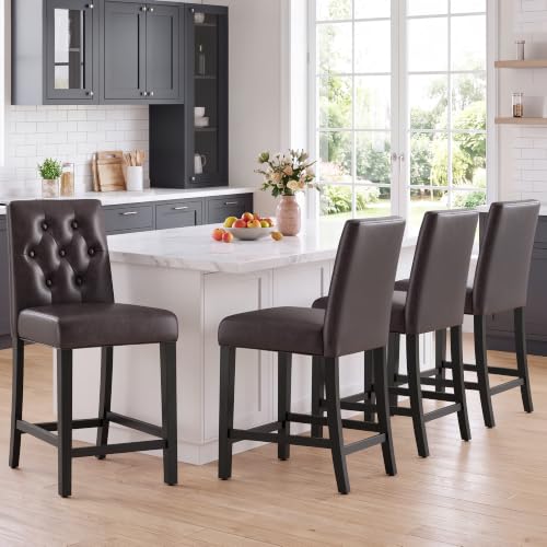 Image of MALOL Bar Stools Set of 4 Faux Leather Counter Height Bar Stools,Darkbrown