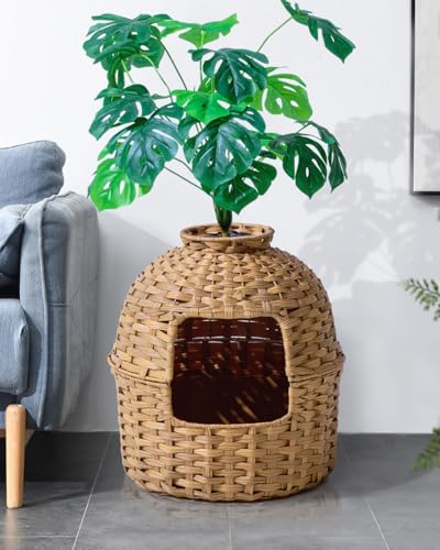 Image of SETVSON Cat Litter Box Plant Furniture Enclosure, Hidden Handwoven Rattan with Cat Litter Box and Artificial Plants, Odor Control Filter, Real Stones in Living Room, Bedroom, Corner Natural