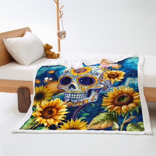 Plaid Cama Girasol Skeleton Blue Colcha Plaid Sofa Diseño de Doble Cara Cubre Colcha Multiusos para Sofas Suave Manta Termica Blanket Lana de Cordero de Franela Espesar Durable 130x150cm