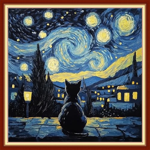 Image of Foxhool Beginners Cross Stitch Kits Stamped Full Range of Embroidery Kits for Adults DIY Cross Stitches kit Embroidery Patterns for Needlepoint kit-Cat Stares at Van Gogh's Starry Sky 18x18 inch