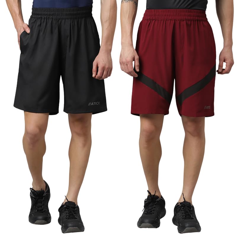 Image of ATICX Polyester Shorts for Men - Quick Dry Lightweight with Zipper Pockets - Gym, Running, Jogging, Training Half Pants for Basketball, Swimming, Badminton, Cycling, Football, Outdoor & Home Wear