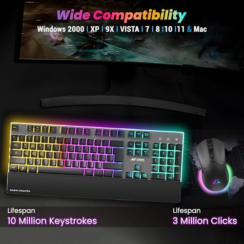 Image of Ant Esports KM500 Pro Wireless Gaming Keyboard and Mouse Combo, LED Backlit Rechargeable 2000mAh Battery, Mechanical Feel Anti-ghosting Keyboard + 6D 3200DPI Mice for PC Gamer (Black)