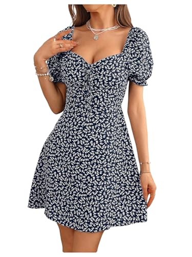 Robe col en cœur fleurie avec manches courtes bouffantes