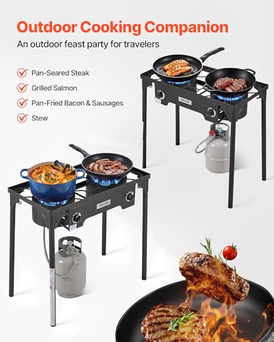 Image of VEVOR 2 Burner Outdoor Propane Gas Stove, 150,000 BTU Propane LPG Gas Camping Stove, Heavy Duty Carbon Steel Outdoor Cooker, with Shield & Tall Stand & PSI Regulator, for BBQ Camp Home Patio Backyard