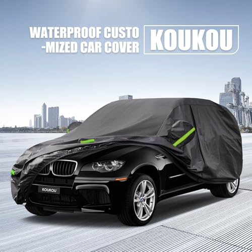 Image of KouKou Waterproof SUV Car Cover Suitable for BMW X5 from 2007 to 2025, 7 Layers Windproof All Weather Waterproof Outdoor Cover Sun Rain UV Dust Snow Protection. Black