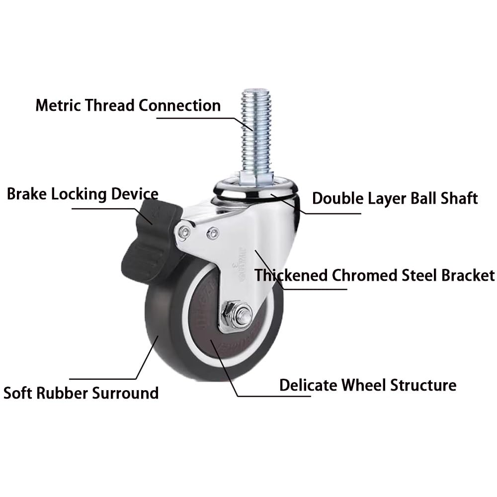M10 Stelo Filettato Ruote, 4 Pezzi TPE Ruote in Gomma con Freni, 3/4 Pollice Silenziose Ruote Pivottanti per Armadi, Carrelli, Mobiletti(Swivel,3 inch)