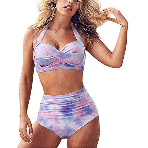 Tanhangguan Swimsuit for Women American Flag Print Bikini Bow Bikinis for Women Halter High Waisted Bathing Suits Women