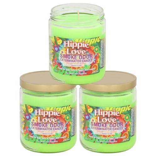 Smoke Odor Exterminator 13 oz Jar Candles Hippie Love, (3) Set of Three Candles.