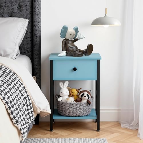 Image of VECELO Nightstand,Modern Bedside End Table, Night Stand with Drawer and Storage Shelf for Living Room Bedroom, Industrial Metal Frame