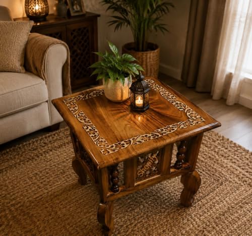 Image of Shopify Wooden Stool-Natural Wood Antique Look Side Table with Drawer for Living Room (Brown, 14 x 14 x 21 inch) (Side Table)