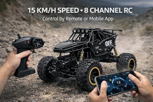 Image of TEC TAVAKKAL 4 * 4 Rechargeable Rock Climber RC Car with Bluetooth Music, Mist Spray & LED Lights | 2.4GHz Off-Road Remote and Mobile Connect Control Car | Dual Motor, Shock Absorber (Black)