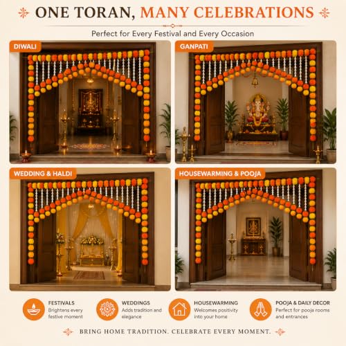 Image of Tia Crafts Artificial Marigold Jasmine Door Toran for Main Door Entrance, Flower Bandhanwar Door Hanging for Home Decoration, Pooja, Diwali, Ganpati, Wedding, Housewarming, Reusable Festive Decor