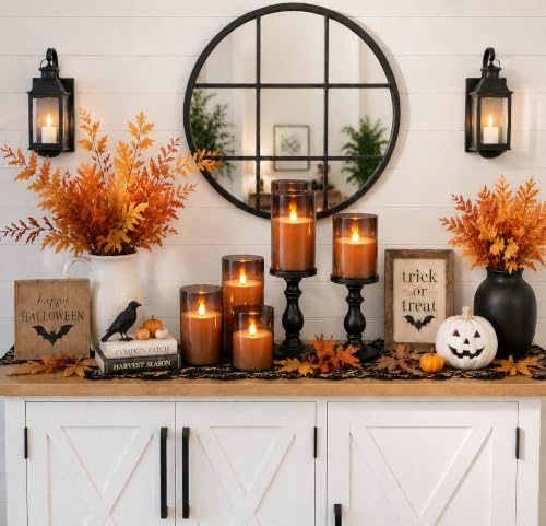 Image of Fo32won Grey LED Flameless Pillar Candles Battery Operated with Remote Timer, 5 Pack 3D Flickering Acrylic Candles for Home Living Room Bedroom Fireplace Wedding Party Holiday Decor & Gift