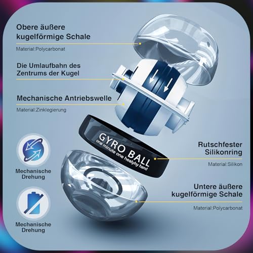 TOVE KNIGHTY Gyroball,Handgelenktrainer-Ball,Handgelenkstärker,6-stufiger Widerstands/Lichtsteuerung,Gyroskopischer Unterarm-Trainer,Gyro-Ball zur Stärkung von Armen, Fingern,Handgelenkknochen und M