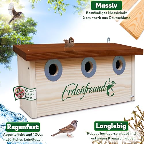 ERDENFREUND® Spatzen Nistkasten Marder-/Katzenschutz räubersicherer Brutkasten für Vögel pickfester Metall-Spechtschutz rostfrei 3er Spatzenhaus 34 mm (Kolonie Nistkasten Sperling 3 Nisträume)