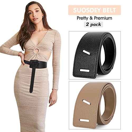 SUOSDEY 2 Pack Women Tie a Knot Belt Genuine Leather Full Grain Leather Waist Belt for Dress Coat Clothing Accessories2