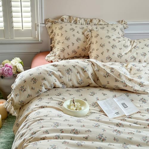 Image of VM VOUGEMARKET 100% Muslin Cotton Duvet Cover Set Twin for Teen Girls,Vintage Flower Comforter /Quilt Cover with Romantic Ruffles,Soft, Breathable & Lightweight