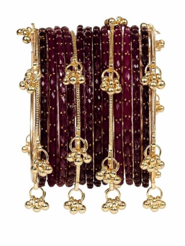 Image of JPS 16 Pcs Trendy Stylish Glass & Kashmiri Ghungroo Bangles Set for Women & Girls | Gold-Plated Traditional Festive Wedding Party Jewellery Chudi Set (12 Glass + 4 Metal)