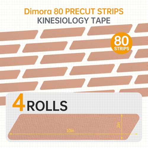 Image of Dimora Kinesiology Tape, 80 Count Precut Strips 4 Rolls, Original Cotton, 10 inch Elastic Athletic Tape for Muscle Pain Relief and Joint Support, Beige