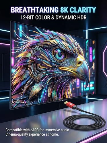 Image of 8K HDMI 2.1 Cable 12ft, Certified 48Gbps Ultra High Speed Braided Cord, Supports 4K@120Hz 8K@60Hz, eARC HDR10+ HDCP 2.3, Compatible with PS5, Xbox Series X, Gaming PC, Roku TV & Monitor