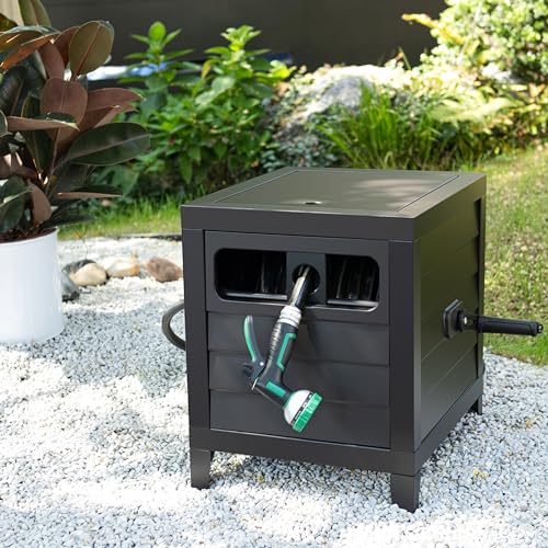 AQUAZILLA Metal Garden Hose Reel Deck box, Durable Steel Garden Hose Storage Box Cabinet, 150ft 5/8" Garden Hose Capacity. - Hose guide Manual Rewind, No-leak aluminum water connections