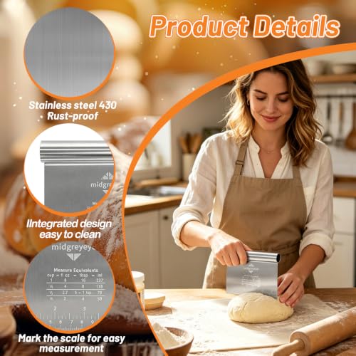 Midgreyeye 2 Stücke Edelstahl Teigschneider Mit Messskala Teigschaber Teigkarte Teigspachtel Schaber Küche Für Kuchen, Cake,Pizza, Torte… – Ansicht 3