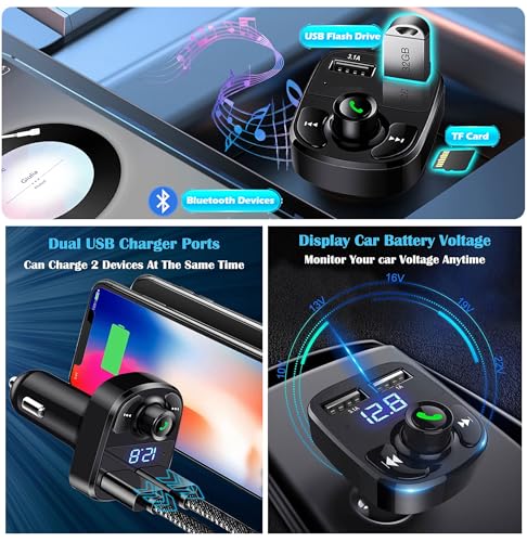 Image of Spiaty Bluetooth 5.3 Car FM Transmitter with Hands-Free Calling, Dual USB Car Charger, LED Display, TF Card Support & Music Player for All Smartphones