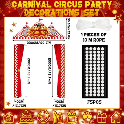 Image of Tingjoo 6 Pcs Carnival Circus Tent Decorations Set Halloween Carnival Decorations Red and White Circus Tent Backdrop Door Cover Banner with Red Tinsel Fringe Curtain Awning Clown Birthday Supplies